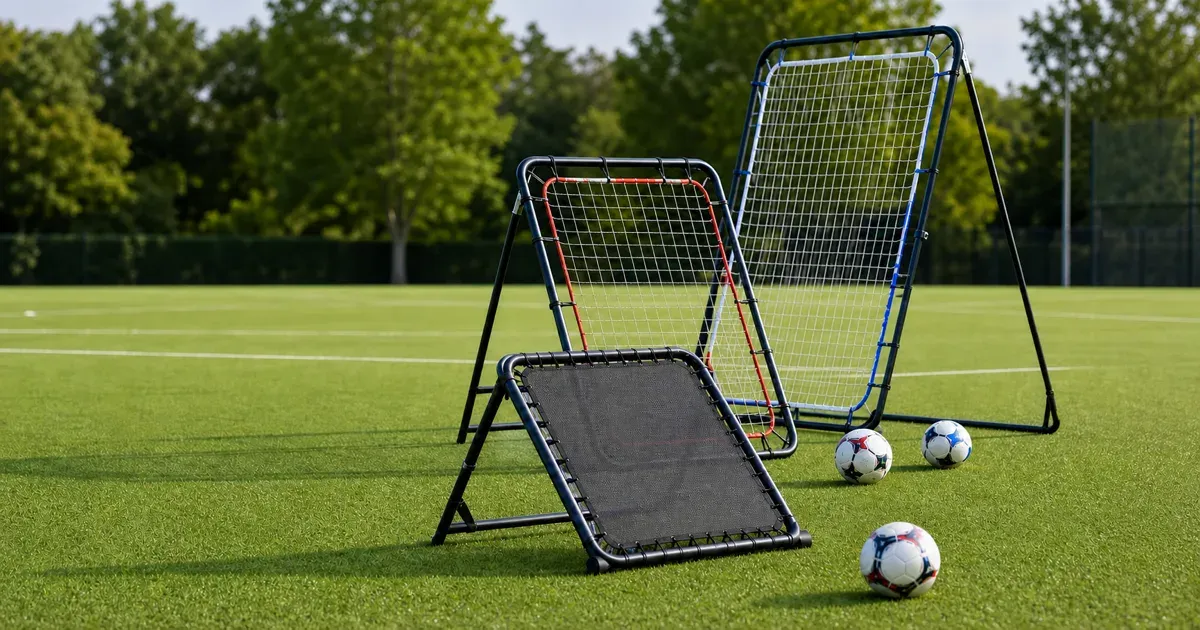 Five football rebounders arranged for solo passing and first-touch drills on a training pitch